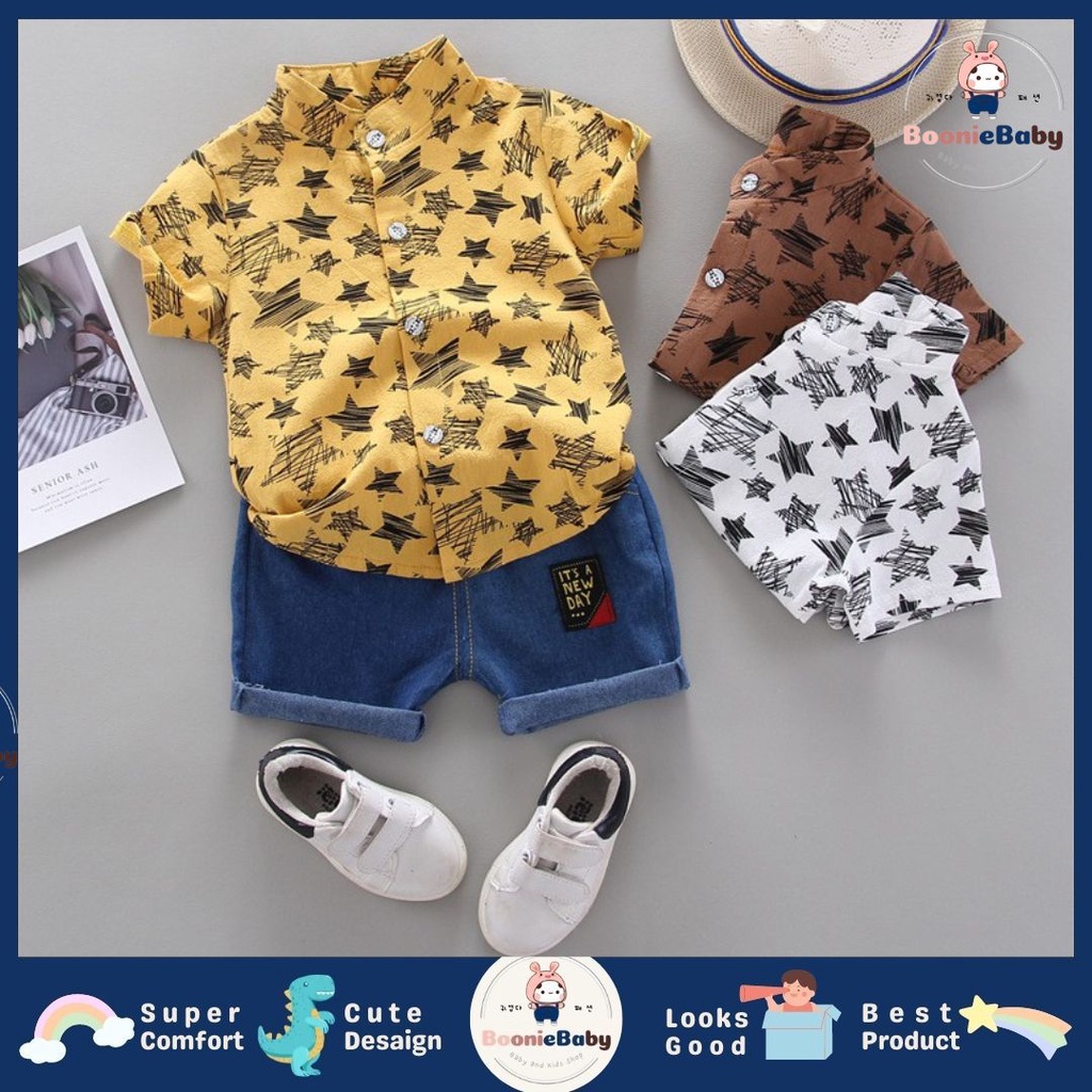 boonie SET KEMEJA BELGIAN STARS EBV Setelan Kemeja Bayi Laki-laki Lengan Pendek celana softdenim