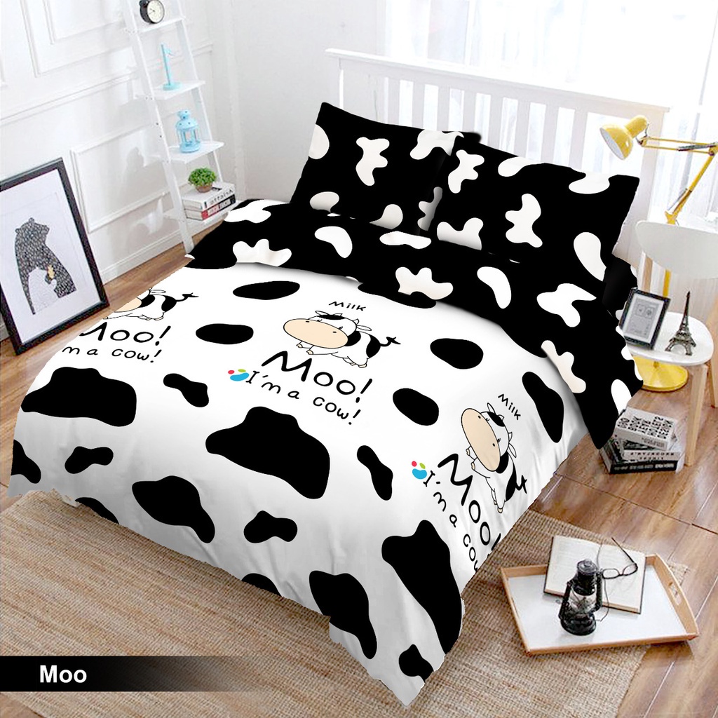 Full Set Bedcover Vito 3D Moo Single 120x200 Motif Moo Sapi Hitam Putih Selimut Busa