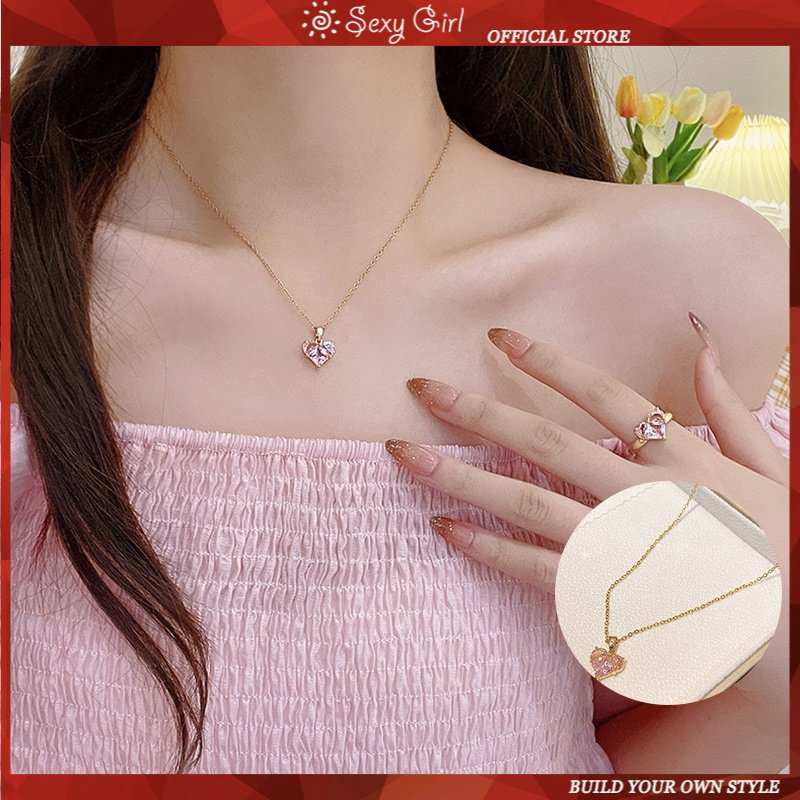 Kalung Rantai Klavikula Bahan Titanium Steel Desain Hati Warna Pink Untuk Perempuan