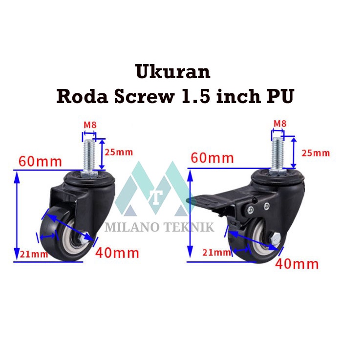 Roda 1.5 inch PU + MUR HIDUP/MATI/REM/Baut/WOHeavy Duty + Double bearing caster Troli Furniture