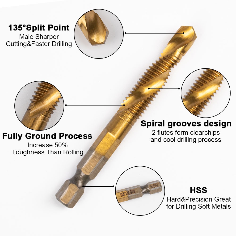 JLD Mata Bor 6PCS Pembuat Ulir Drat Hex Twist Spiral Tapper Baut Bit 0.5/0.75/0.8/1/1.25/1.5mm HSS mata