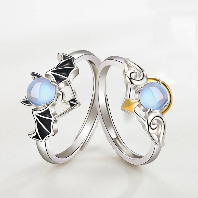 Wanita Pria Fashion Vintage Demon Angel Wing Rings/Ladies Romantic Moonstone Adjustable Open Finger Ring/Pasangan Populer Perhiasan Pesta