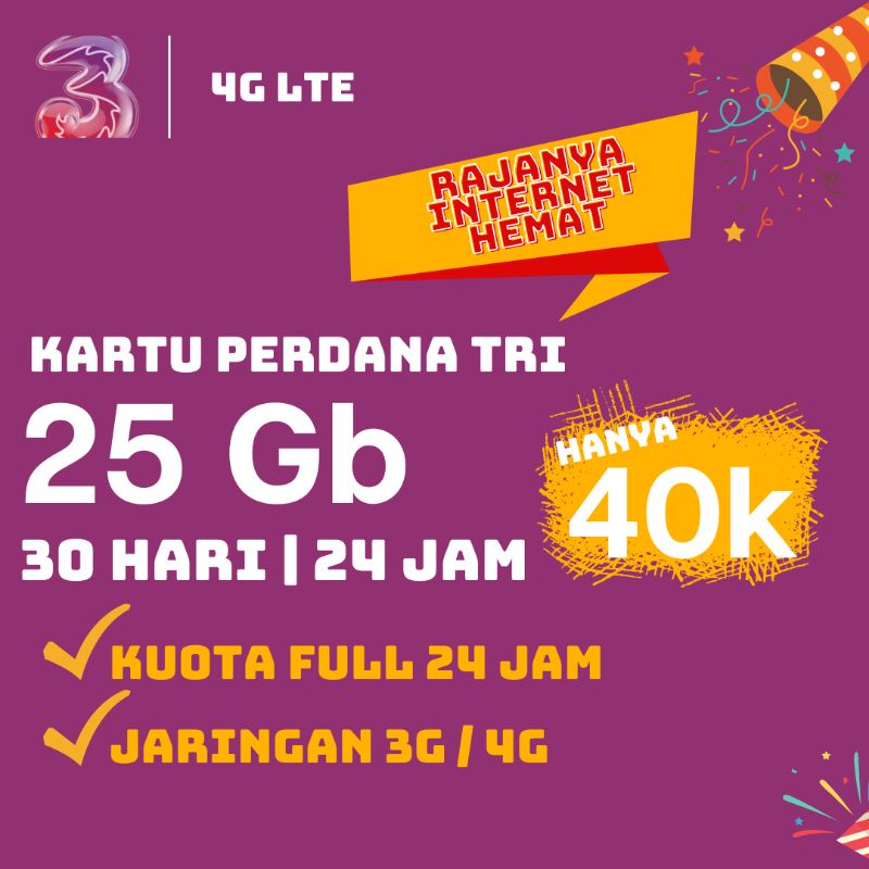 Kuota Tri 25Gb 30 Hari Full 24 Jam Tanpa dibagi bagi | Kuota 3 5gb promo