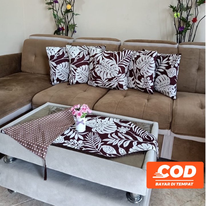 COD PAKET SARUNG BANTAL KURSI SOFA SET 5 PCS 40x40 DAN TAPLAK MEJA TAMU PREMIUM MEWAH ANEKA MOTIF PE