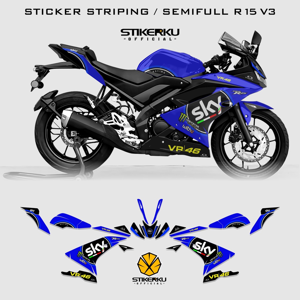 Decal  Striping R15 V3 EDISI SKY / DECAL STIKER SEMI FULL BODY MOTOR YAMAHA R15 V3 / STOCK DECALS YA