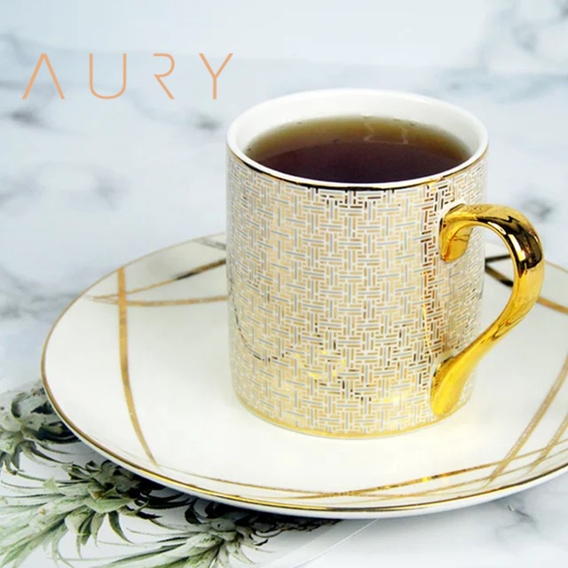 Mug Gagang Gelas Porselen Minum Kopi Teh List Emas