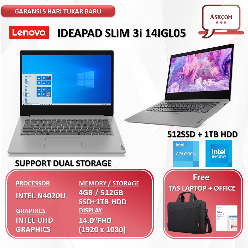 Laptop Lenovo Ideapad Slim 3i 14 Intel N4020U RAM 4GB 512GB ssd OHS 14.0FHD