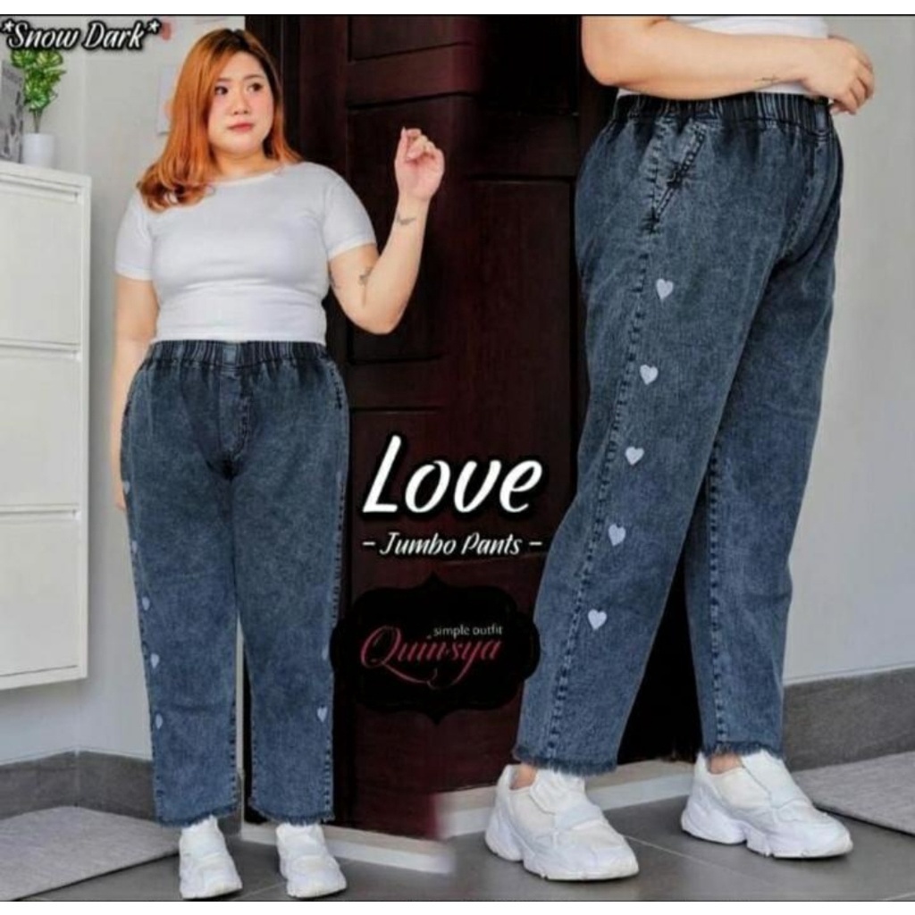 LOVE PANTS BORDIR SUPER JUMBO || CELANA BOYFRIEND WANITA PINGGANG FULL KARET SNOW