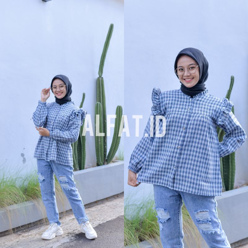 Kemeja ruffel wanita | blous ruffle | kemeja flanel wanita | kemeja kotak kotak