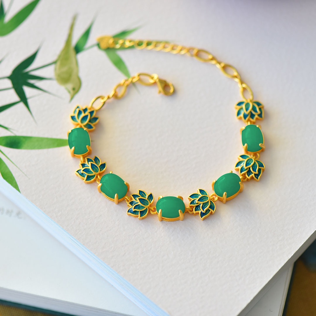 Goldkingdom Fashion Perhiasan Emas Asli Kadar 375 Bangkok Aksesoris Ready Stock Kerajinan Manusia Bertatahkan lotus Alami lotus enamel Tebal frosted Gelang Peri Pesona retro Wanita