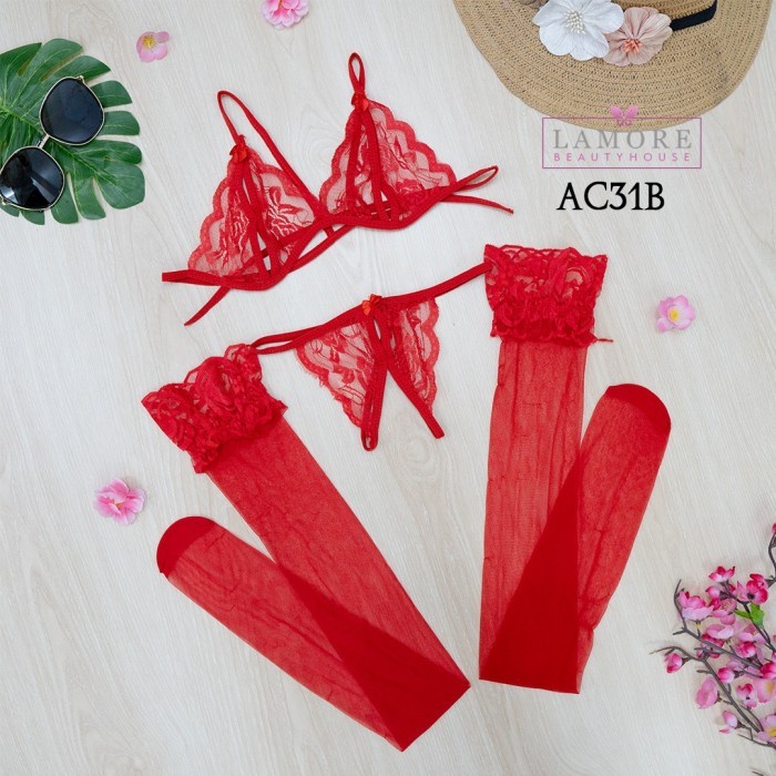 STOCKING WANITA LACE + BRA CD G STRING SEXY MERAH AC31B KUALITAS BERKELAS 