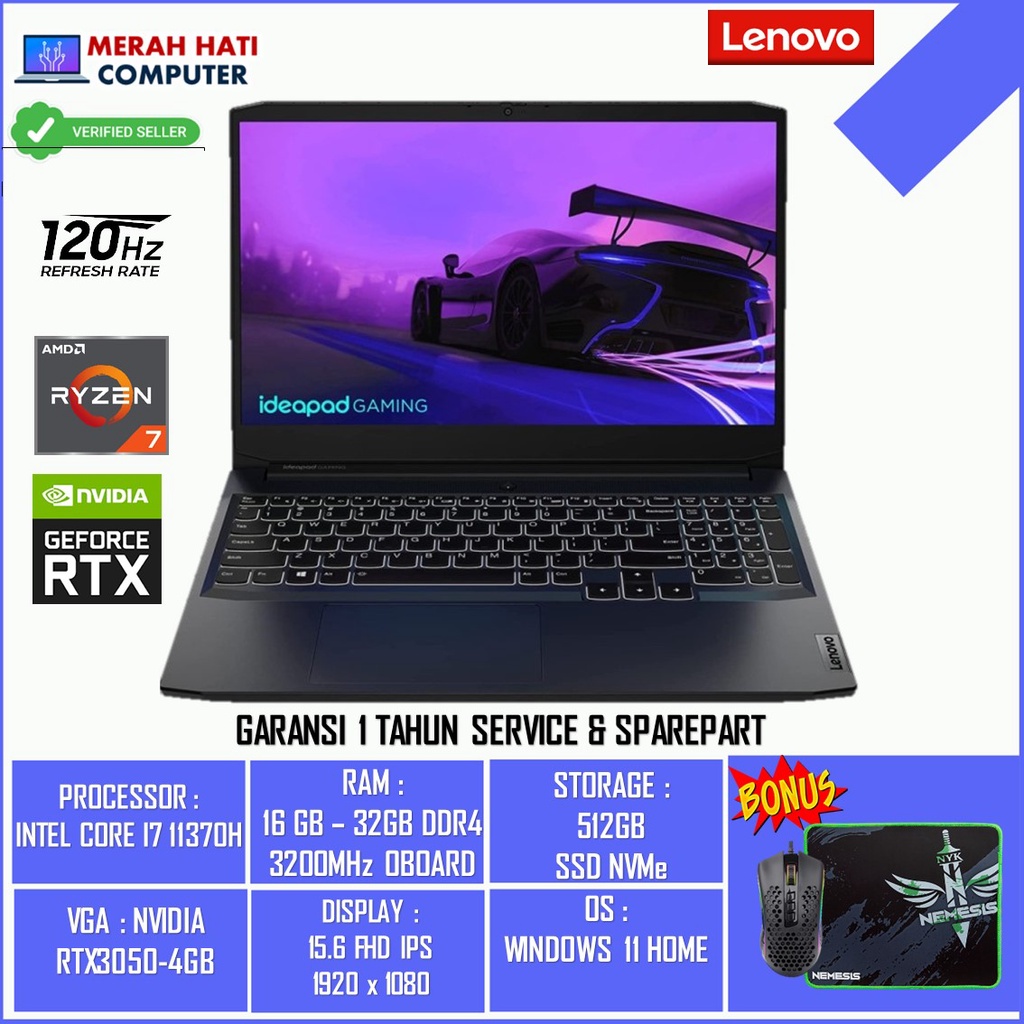 Laptop Gaming Lenovo IdeaPad 3 Gaming Amd Ryzen 7 5800H RAM 32GB SSD 512GB RTX3050 4GB FHD 120Hz Windows 11 Original