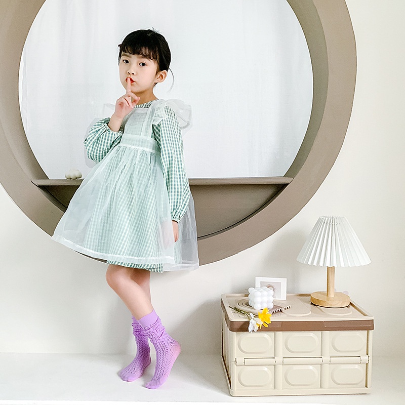 [Princess Kesli]Kaus Kaki Anak Perempuan Tabung Tengah / Kaos Kaki Anak Perempuan Warna Solid Mesh Bernapas Betis