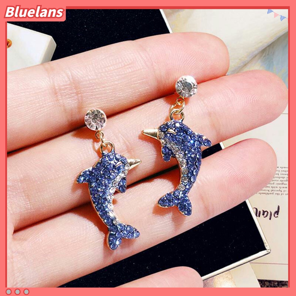 Bluelans Cute Dolphin Shape Shiny Full Rhinestone Inlaid Women Stud Earrings Jewelry Gift