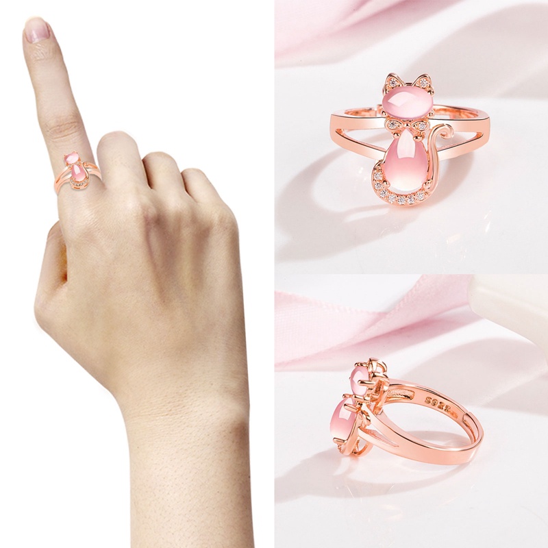 Fancyqube Cincin Tembaga Wanita Desain Kucing Hias Batu Kristal Pink Berlian Imitasi Adjustable