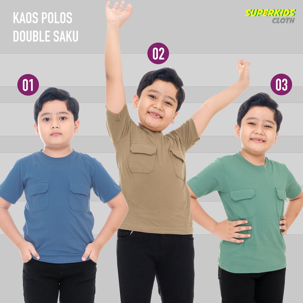 KAOS ANAK COWOK / BAJU ANAK LAKI LAKI / PAKAIAN ANAK COWOK POLOS SAKU DUA BRAND SUPERKSIDCLOTH 1 - 11 TAHUN