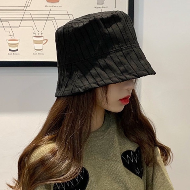 Topi Bucket Motif Garis Dua Sisi Gaya Kasual Untuk Wanita