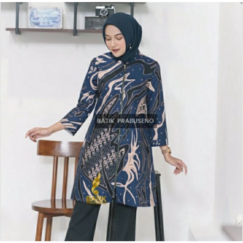 DIVA NAVY Atasan Tunik Batik Wanita Original Prabuseno Katun Printing Lapis Furing Trikot