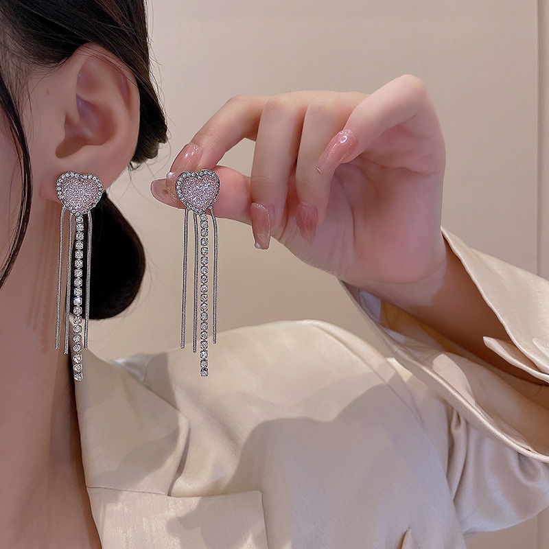 Anting Stud 925 silver needle Model Rumbai Panjang Bentuk Hati Warna Pink Untuk Wanita