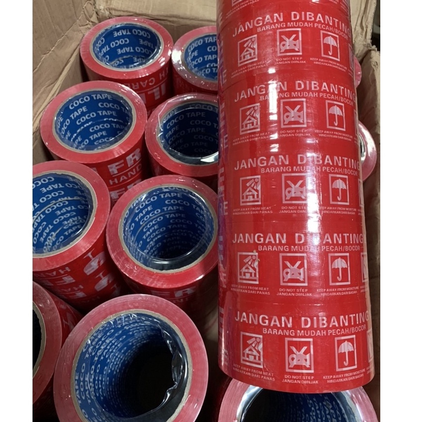 LAKBAN FRAGILE 100 yard MERAH MURAH  | JANGAN DIBANTING | HANDLE WITH CARE |  - coco tape premium 2 Inch (48mm) 100 yard