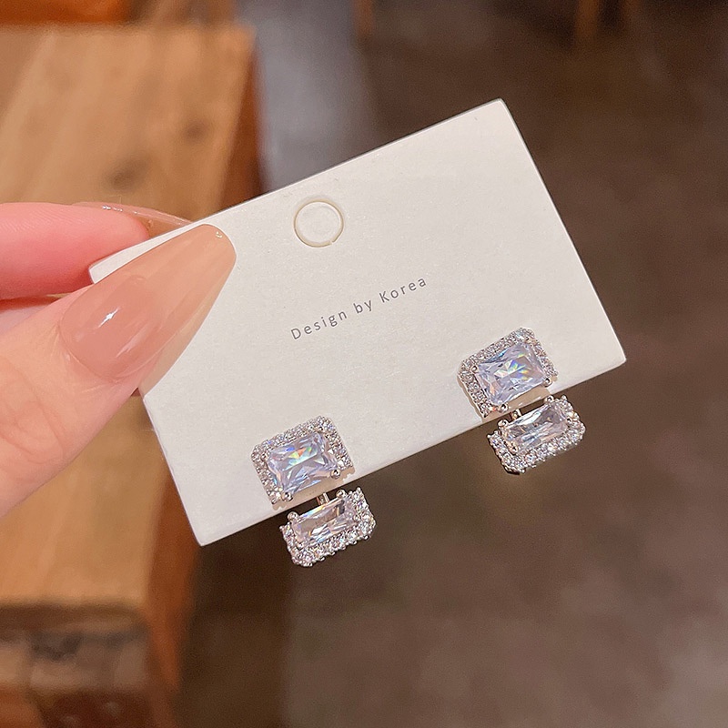 Anting Tusuk Sterling silver 925 Desain Geometri Hias Zircon Untuk Wanita