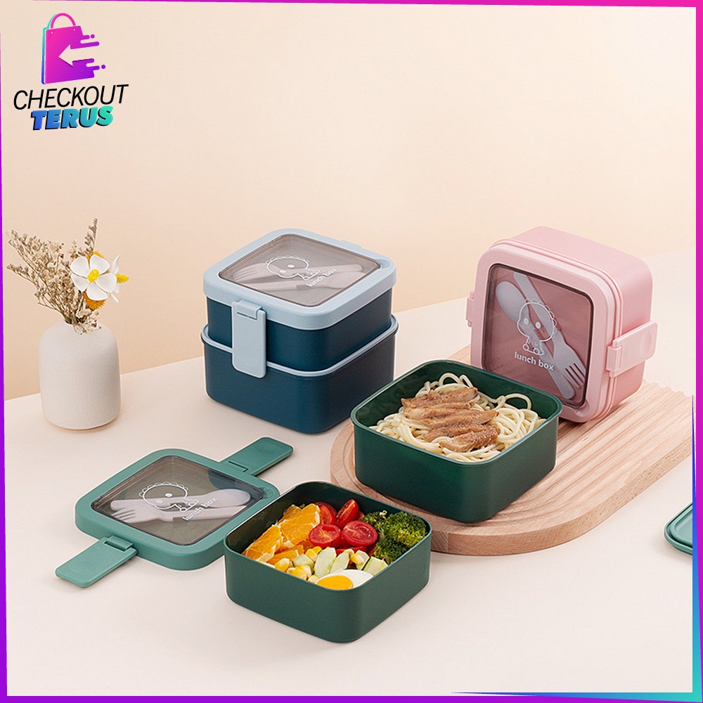 CT C695 Tempat Makan 2 Susun Stackable BPA FREE Kotak Bento Tingkat Dengan Sendok Garpu Set Portable Lunch Box Set