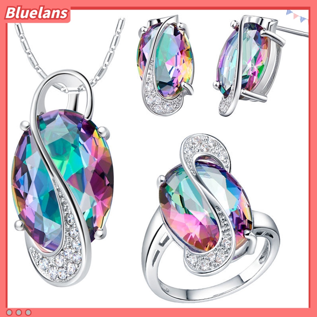 1 Set Kalung Anting Cincin Geometris Berlian Imitasi Sparkling Plated Untuk Wanita