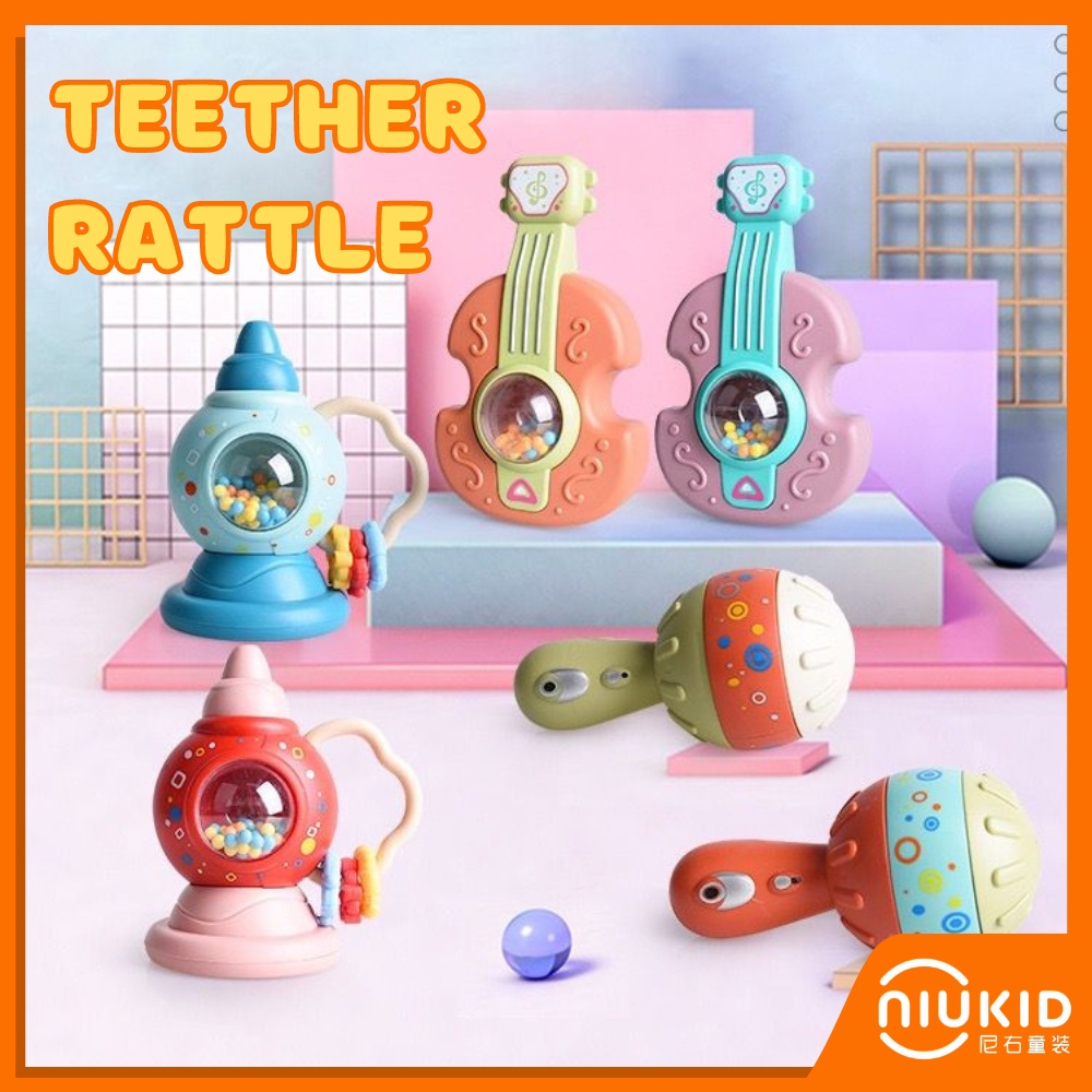 NIUKID MAINAN RATTLE TEETHER BENTUK GITAR KARTUN UNTUK EDUKASI DINI BAYI NEWBORN
