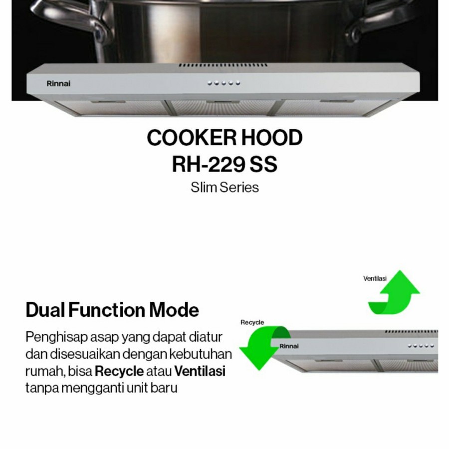Cooker Hood Rinnai Stainless 90cm RH-229SS | Penghisap Asap Kompor Rinnai RH 229 SS 90 cm Stainless