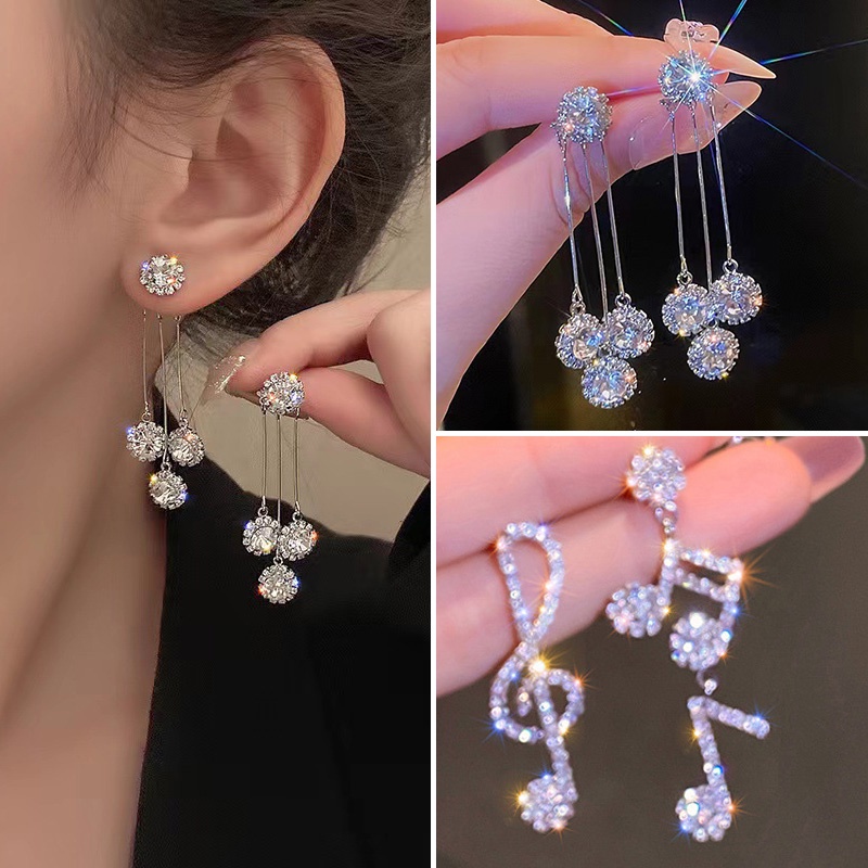 Anting Tusuk Gantung Asimetris Bahan Sterling silver 925 Desain Not Musik + Berlian + Rumbai Gaya Korea Untuk Wanita