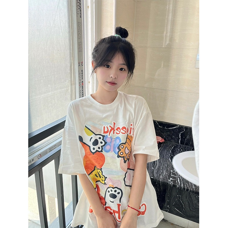 EUNII T-shirt Lengan Pendek imut cakar kucing Pencetakan Longgar Korean Style/Kaos Atasan Wanita/Baju Kaus Oversize Wanita