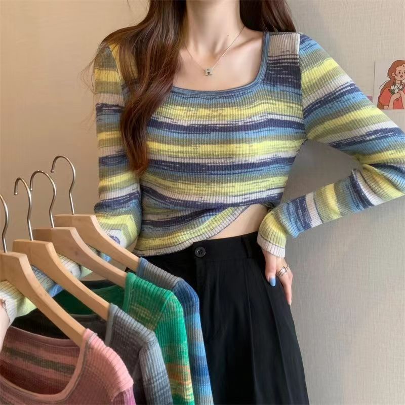 Atasan Rajut Stripe Wanita Crewneck Lengan Panjang Sweater