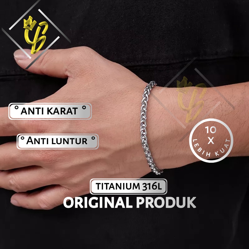 EXTRA DISKON Gelang Pria Wanita Titanium Anti Karat Emas Putih Silver Perak Asli Keren Cowok cewek L