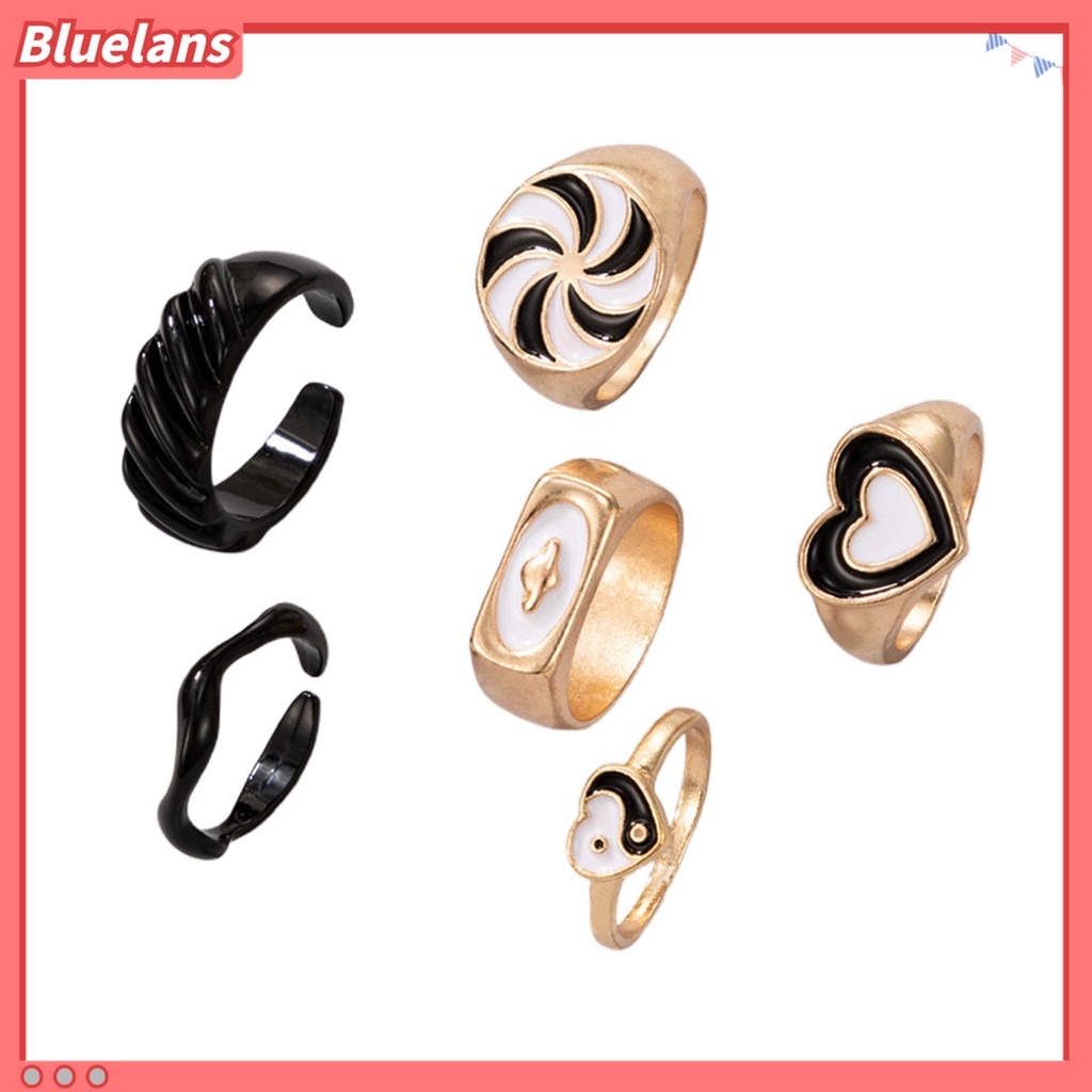 6pcs / Set Cincin Jari Model Terbuka Dapat Ditumpuk Lebar Desain Hati Kincir Angin Untuk Unisex