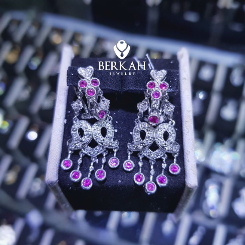 Anting Giwang Emas Berlian Eropa Asli & Batu Pink Sapphire