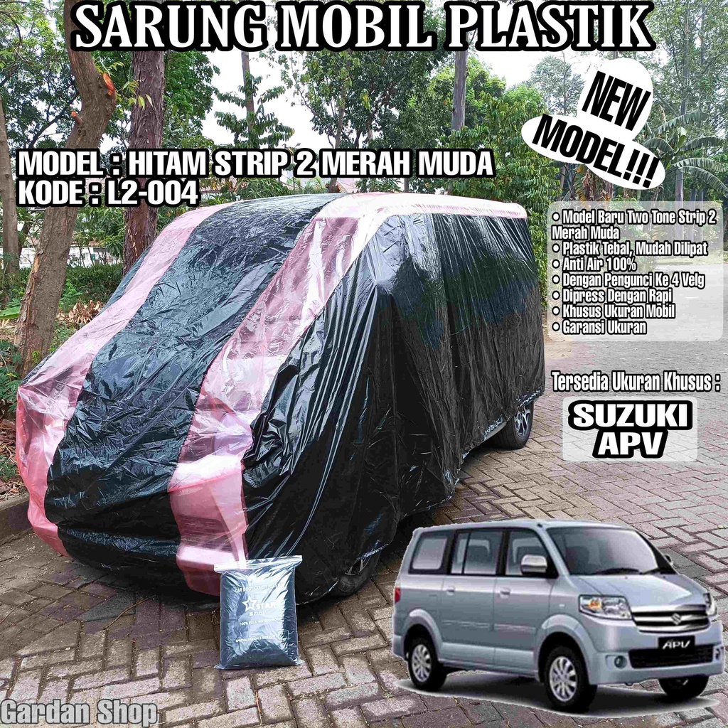 Sarung Mobil Plastik SUZUKI APV Hitam Strip 2 Merah Muda Full Anti Air Full Waterproof