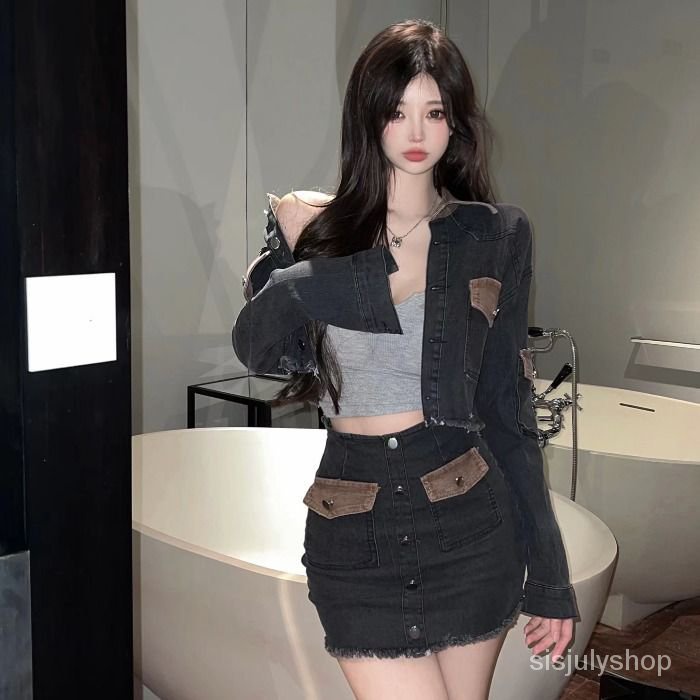 Denim setelan dua potong perempuan Hong Kong gaya mengurangi usia dicuci retro denim kemeja jaket hi