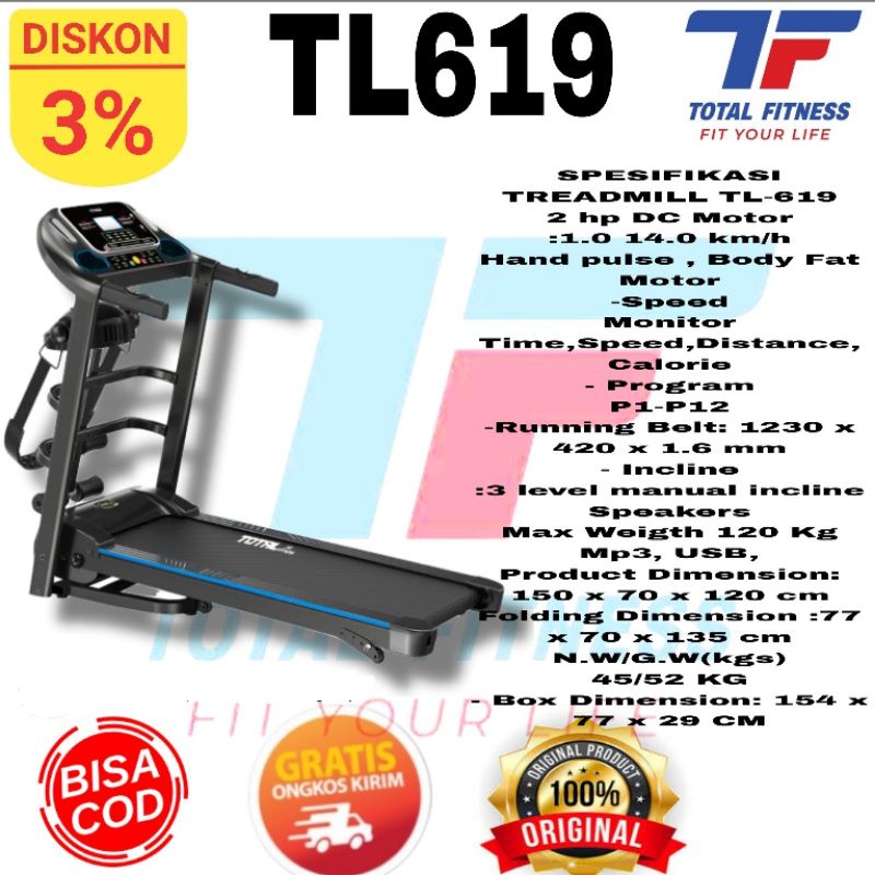 Alat Fitness Total Treadmill Elektrik Electric TL619