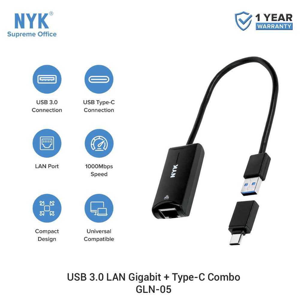 NYK GLN 05 USB 3.0 To Lan Gigabit + Type C Combo