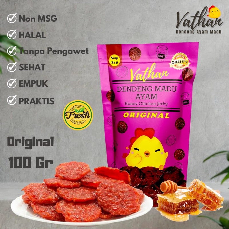 

DENDENG AYAM MADU PANGGANG VATHAN ORIGINAL MAKANAN SIAP SAJI HALAL EMPUK SEHAT - 100 GR