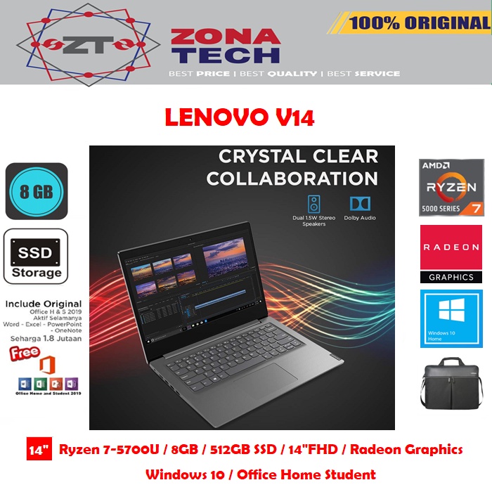 LENOVO V14 - RYZEN 7-5700U  - 8GB -512GB SSD - RADEON GRAPHICS - 14&quot;FHD - WIN10 - OHS