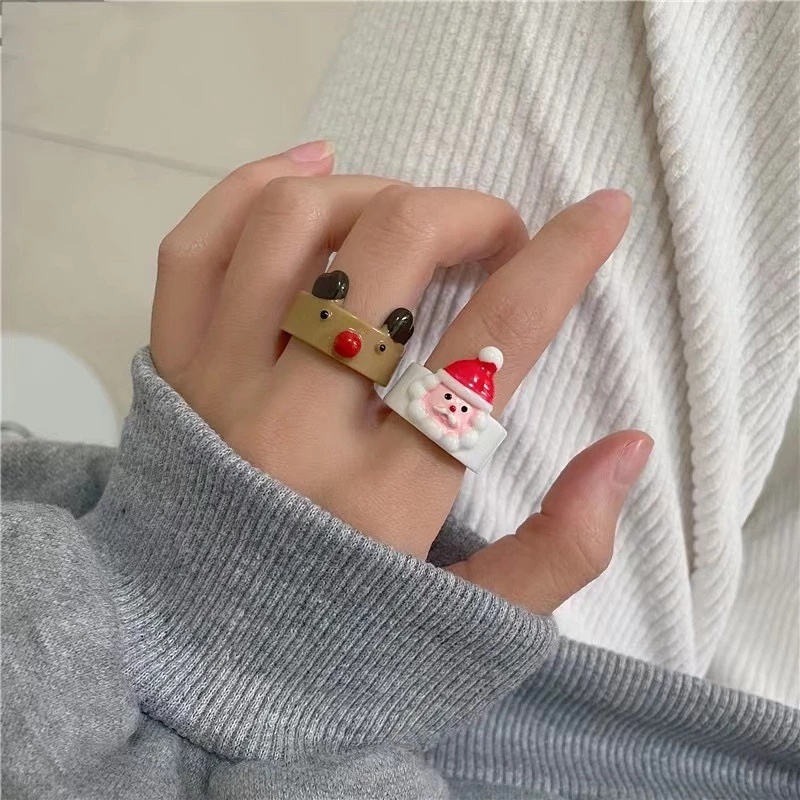 Cincin Desain Kartun Santa Claus Elk Bell Warna-Warni Gaya Vintage Untuk Unisex