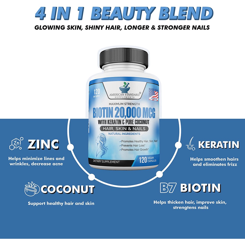Biotin 20,000 mcg with Keratin Organic Coconut and Zinc American Standard Supplements Hair Skin Nails