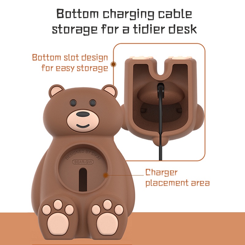 Stand Holder Charger Bentuk Kartun Beruang Bahan Silikon Lembut Dapat Dicuci Untuk Smartwatch Samsung