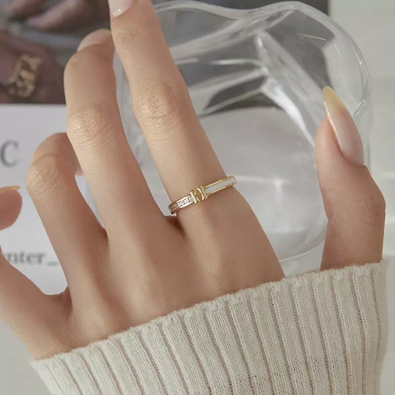 Suhao emas H huruf terbuka cincin jari telunjuk wanita cahaya mewah high-end desain niche pacar perhiasan tangan fashion kepribadian in pasang