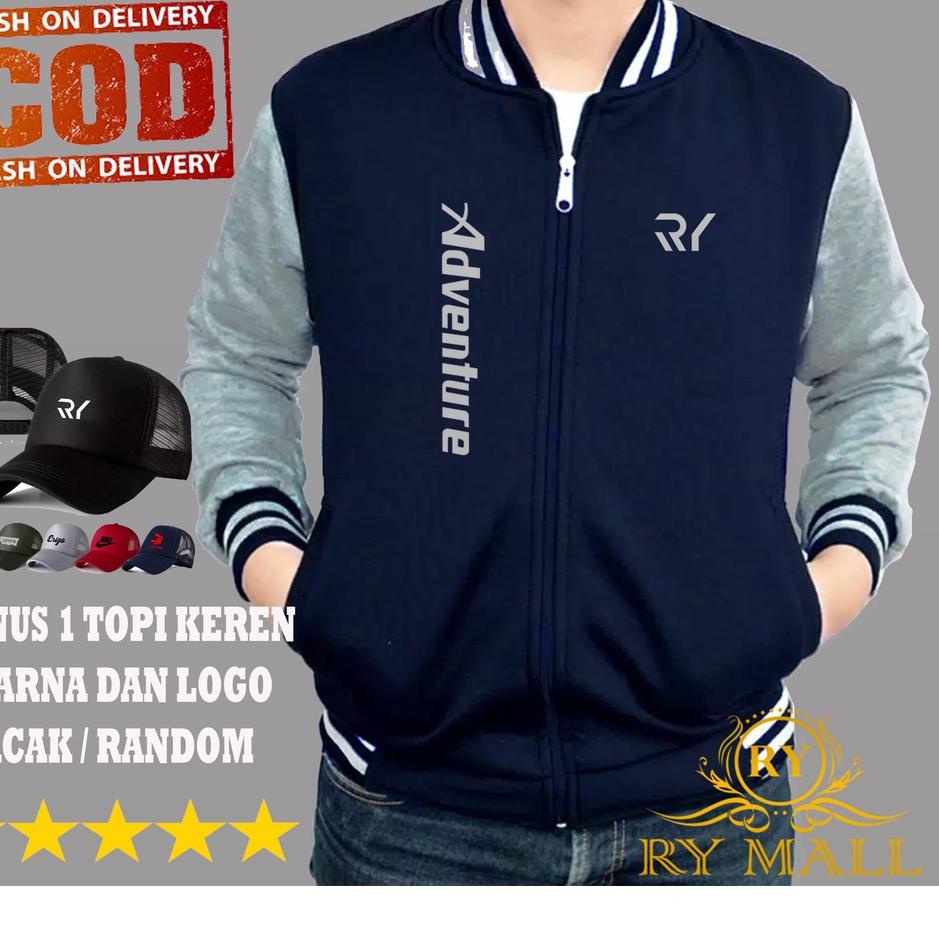 Harga Promo--FREE TOPI.. Jaket Baseball RY ADVENTURE Tegak Silver + Topi / Random / Size Jumbo