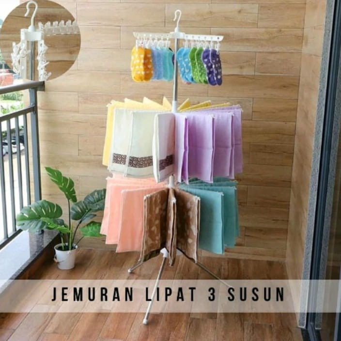 PROMO TURUN HARGA Jemuran Baju Lipat Simpel Utk Di Apartement / Jemuran Baju Bayi / Jemuran Korea 3 Susun KOKOH STAINLESS Stand - TERMURAH