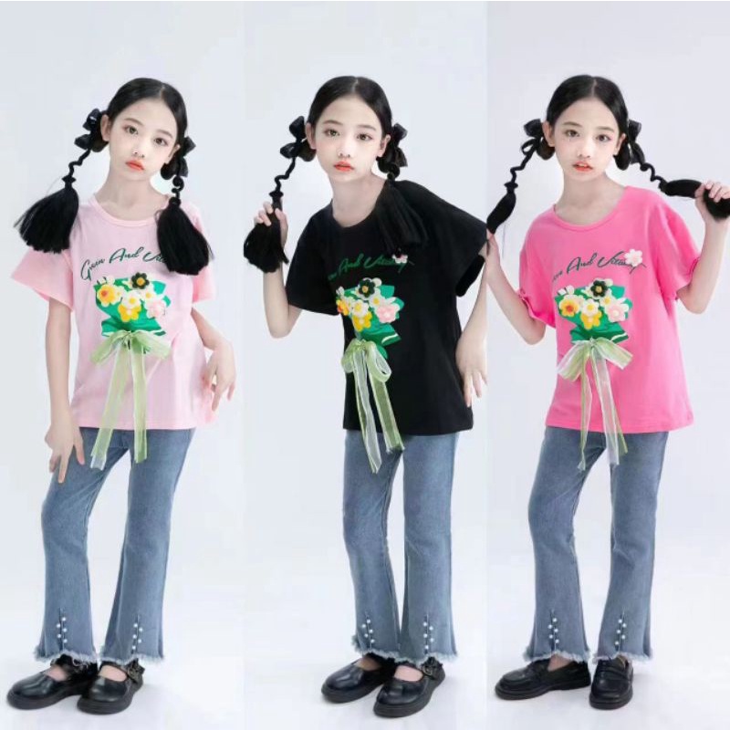 SETELAN CELANA JEANS ANAK PEREMPUAN IMPORT 4-8 TAHUN LENGAN PENDEK / SETELAN ANAK CEWEK IMPORT KOREAN STYLE CELANA JEANS CUTBRAY MUTIARA + BLOUSE PITA