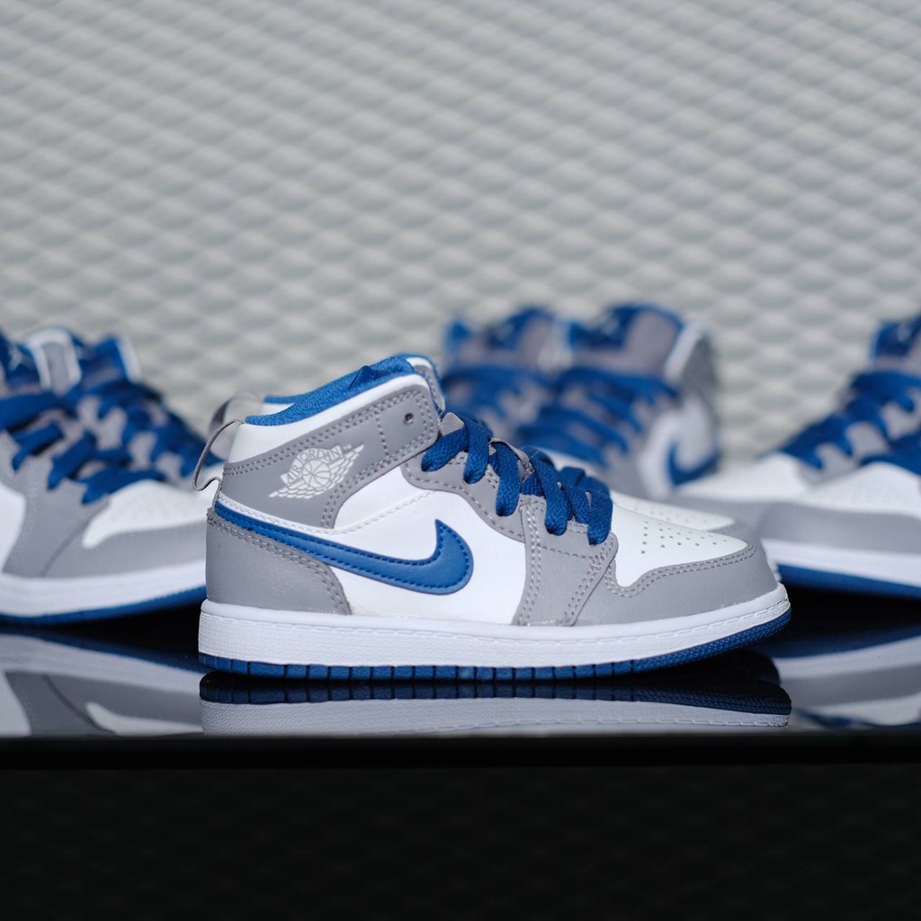 NIKE AIR JORDAN 1 MID KIDS TRUE BLUE CEMENT GREY WHITE PERFECK KICK