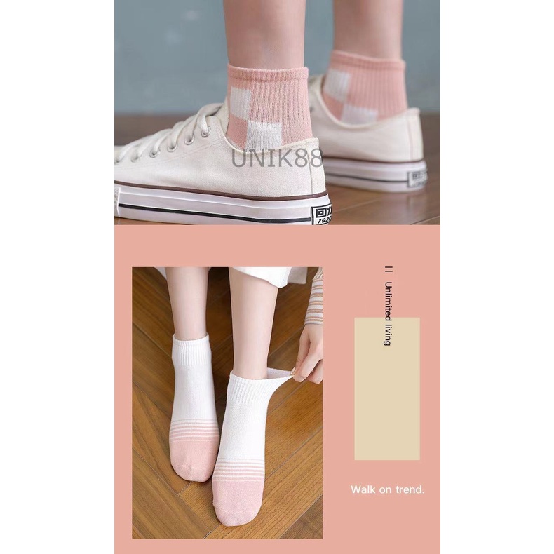 [UNIK88] Kaos Kaki Wanita Pink Edition Motif Kotak Garis Simple Lucu Tebal Semata Kaki Pendek Ankle Sock Women Socks